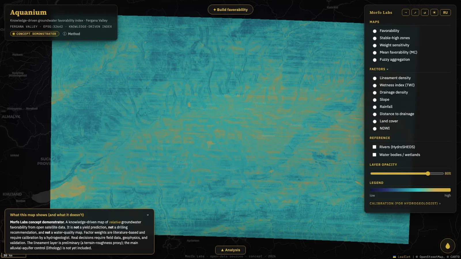 Aquanium map view — relative favorability raster with the 8-factor layer panel and legend; on-screen note states it is not a water or drilling prediction.