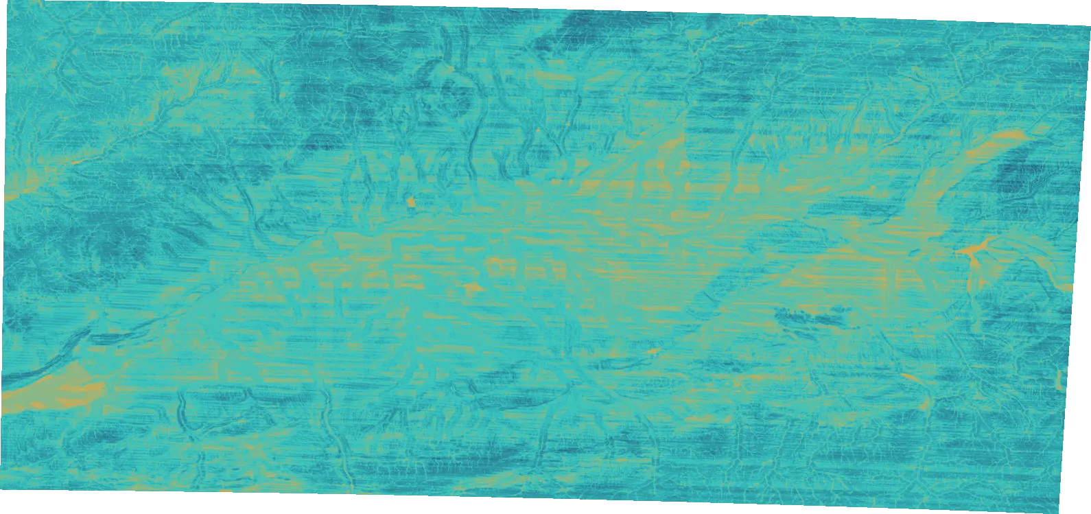 Relative groundwater-favorability surface for the Fergana Valley — the composited output of the 8-factor AHP weighted overlay. Teal lower, gold higher. A method visualization, not located water, not a prediction.